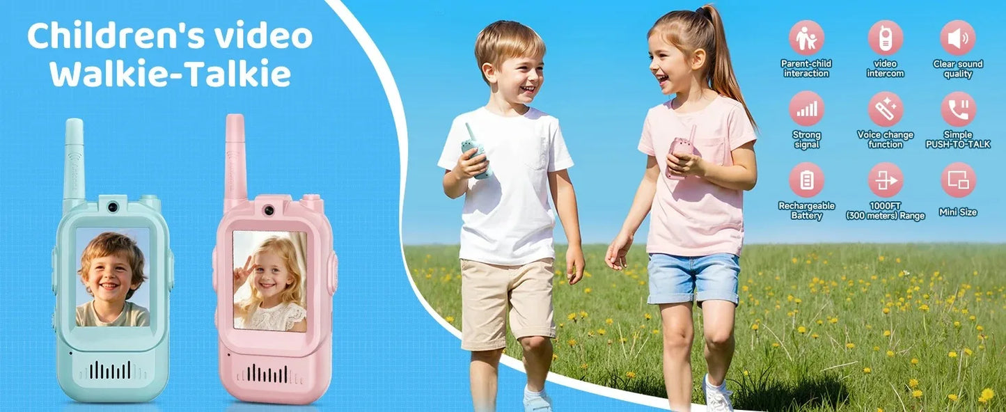 2pcs Video Walkie Talkie Video Intercom HD Rechargeable Voice Fonts One-Click Call Cartoon Voice Changer Christmas Gift for Kids